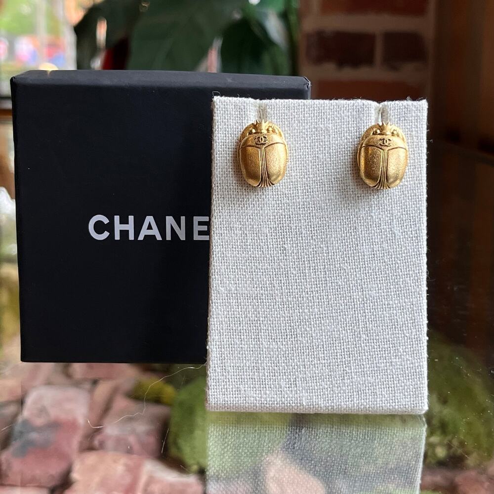 CHANEL Scarab Gold Tone Stud Earrings